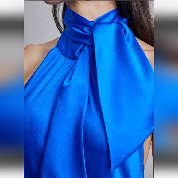 NWT Halter Neck-Tie Hi-Low Silk Midi Dress (Sapphire Blue) - Silk Maison - Picture 5 of 14